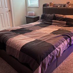 Queen Size Upholstered Bed Frame with 2-tier Storage Headboard and 2 Dustproof Drawers w/ Mattress