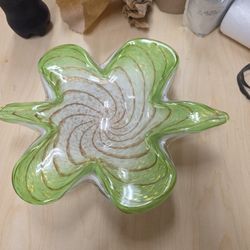 FRATELLI TOSO GREEN WHITE GOLD SWIRL LEAF GLASS MURANO BOWL