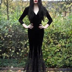 Morticia Addams Dress And Wig Suede Costume Halloween Gothic Wicked Witch Horror Maxi Lace Floor Outfit For Women