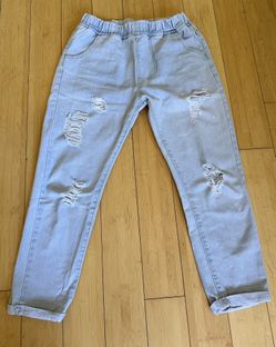 Light Wash Ripped Jeans Elastic Waist