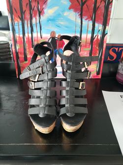 black and gold strappy wedges