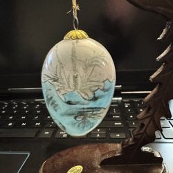 Vintage Asian Hand Blown Reverse Painted Hanging Glass Egg w/wood stand