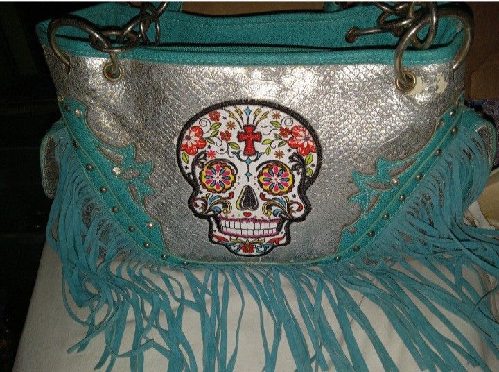 New Candy Skull Leather Purse (Turquoise)