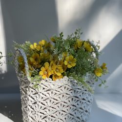 Hand Woven Starched White Crochet Basket. Perfect Spring Decor / Gift Basket. Greenery not included!