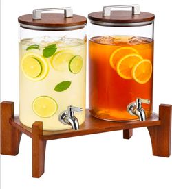 NEW (2) Pack 1 Gallon Each Capacity Glass Drink Dispensers with Acacia Wood Stand