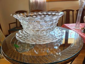 HUGE 18" Fostoria American Master Punch Bowl - UV Manganese Glow Rare, glass ladle, and 19" platter
3 peice set