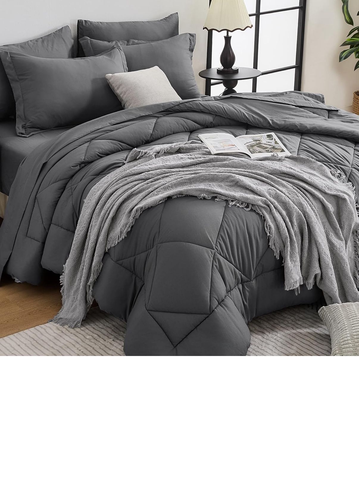 7 Pieces Queen Comforter Set, All Season Reversible Bed in a Bag Queen, Ultra Soft Queen Bedding Set with Grey Comforter, Flat Sheet, Fitted S