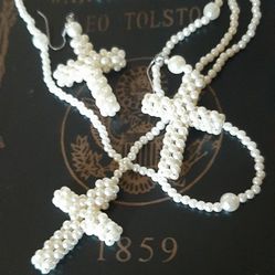 Vintage Puffed Pearl Cross Pendant Necklace Set 