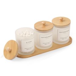 3 Pack Qtip Holder - Bathroom Organizers And Storage, Cotton Round Holder Cotton Swab Dispenser Cotton Ball Holder With Tray, Glass Apothecary Jars Wi