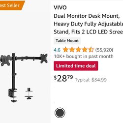 VIVO Dual Monitor Desk Mount, Heavy Duty Fully Adjustable Stand, Fits 2 LCD LED Screen