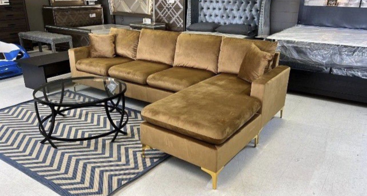 New Amber Gold Velvet Sectional With Ottoman Set And Free Drop Off Delivery