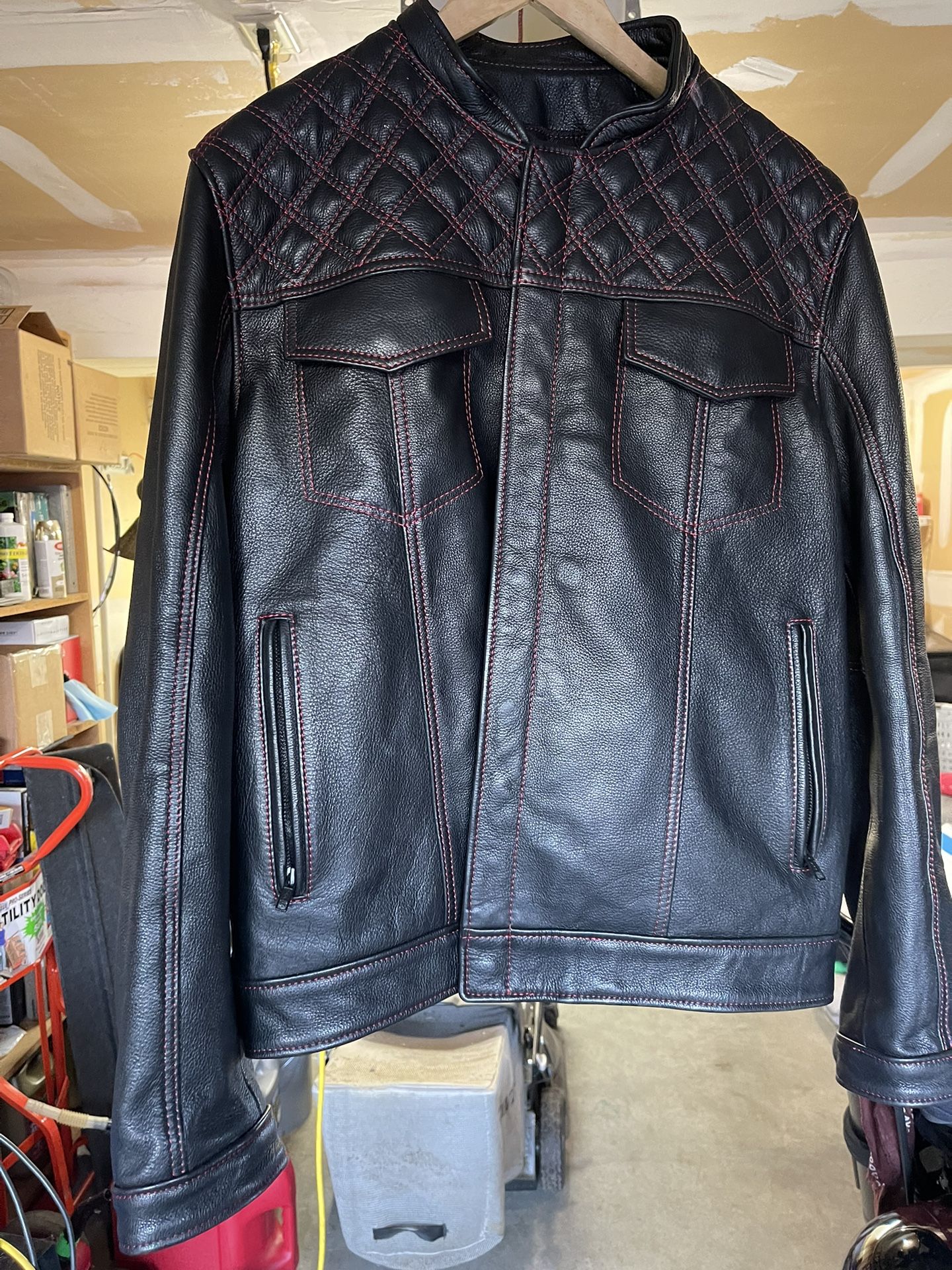 New Mens Fox Creek Leather Rebel Jacket Black With Red Stitching