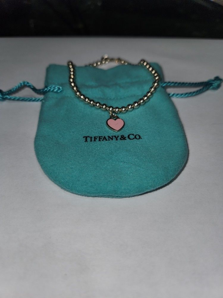 TIFFANY & CO. - Pink Heart Tag Bead Bracelet in Silver, 4 mm