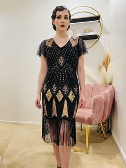 New without tag, Medium, Elegant black mesh dress with gold sequin and bead embellishments.