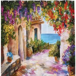 Ambesonne Landscape Shower Curtain, Old Village with Colorful Plants and Flower Gate Greek Houses Artwork, Cloth Fabric Bathroom Decor Set  #315