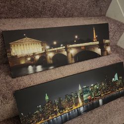 Set of 2 Panoramic Cityscape Wall Art – Paris & NYC Skyline Canvas 30.5” x 10.5”