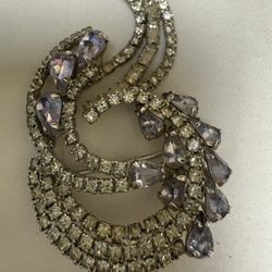 Lavender And Rhinestone Brooch In Crescent Wave Like Design Vintage 