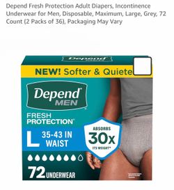 Depend Fresh Protection Adult Diapers, disposable Underwear for Men, Maximum, Large, Grey, 72 Count. Russell/Boulder area