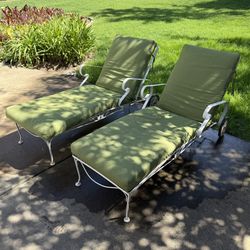 2 vintage wrought iron chaise lounges with thick cushions. One slat is not connected at end but doesn’t effect it Price is firm, no holds, cash only C