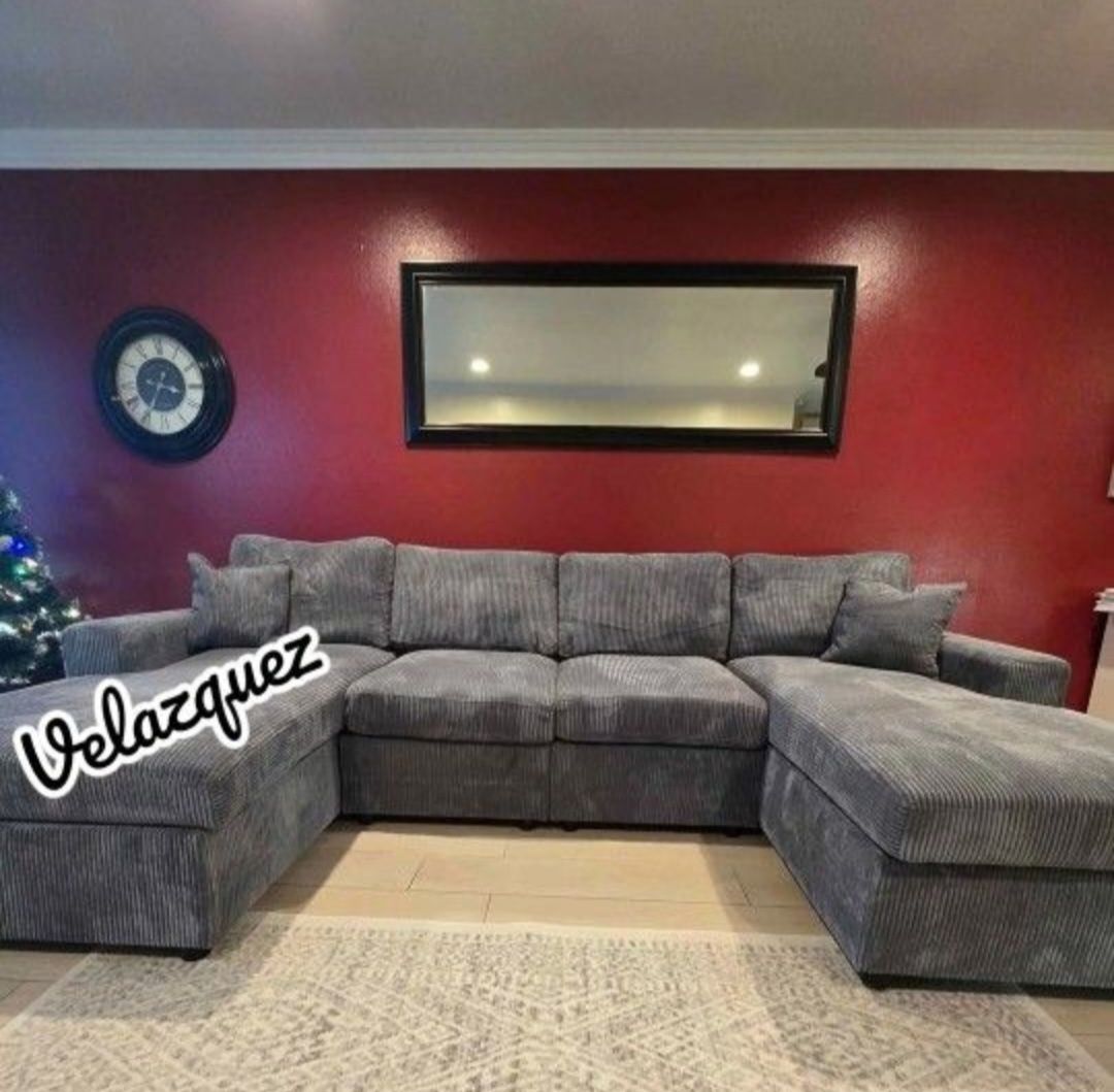 ✅️✅️4 pc fog grey corduroy fabric sectional sofa with double chaise✅️✅️
