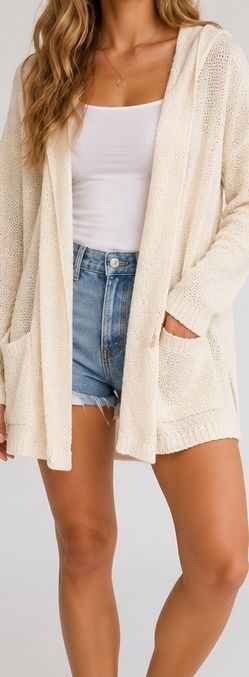 Brandy Melville Cream Hooded Knit Cardigan One Size