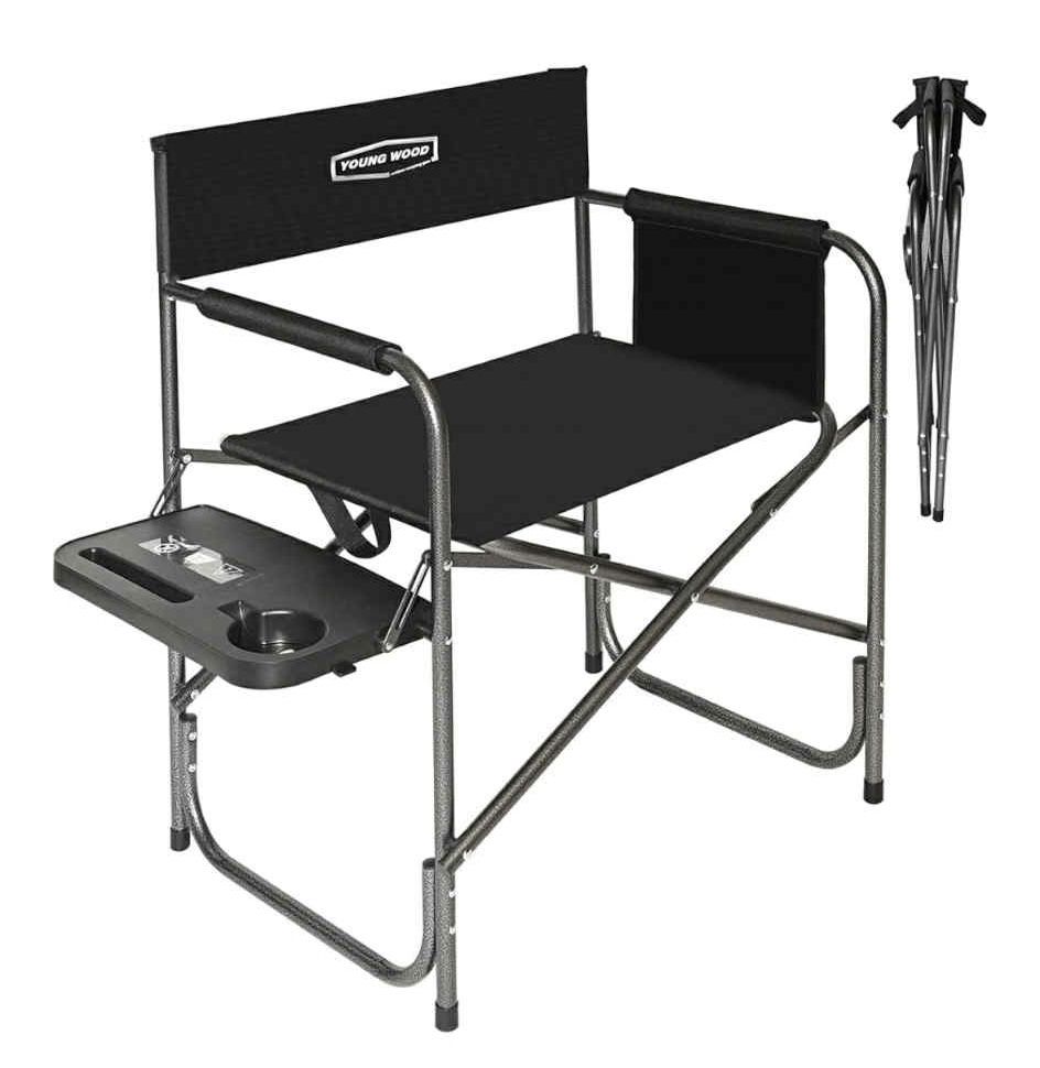 YOUNG WOOD Camping Directors Chair, Lightweight Oversized Portable Folding Chair with Side Table and Storage Pockets for Outdoor Camping, Lawn, Picnic