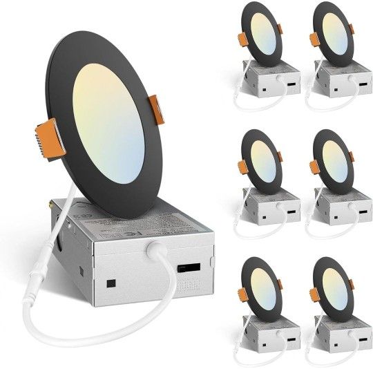 (New in Box)
Amico 6 Pack 4 Inch 5CCT Ultra-Thin LED Recessed Ceiling Light with Junction Box, 2700K/3000K/3500K/4000K/5000K Selectable, 11W Eqv 70W,