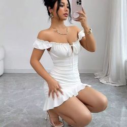 Womens Sexy Bodycon Mini Short Dress Cap Sleeve Solid Color Ruffle