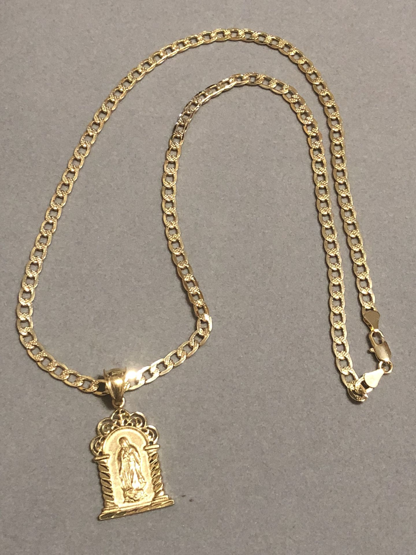 Curb Cuban link diamond cut GOLD PLATED necklace with Square Virgin Mary Charm