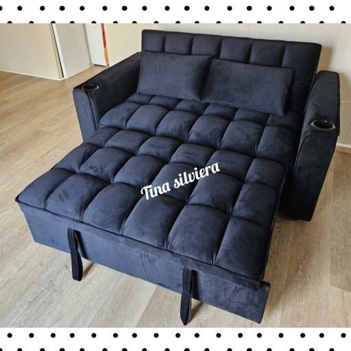 Black velvet loveseat pullout sofa bed sleeper couch with cup holders