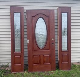 36" X 80" Brown Wooden Entry Door With 2 Side Windows