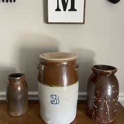 Antique butter churn, and two Milk Containers 