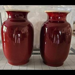 Vintage Sang de Boeuf Ceramic Vase Set + Cloisonné Dish – 5 Piece Decor Collection