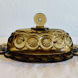 Vintage le smith moon and stars covered butter dish smoke brown