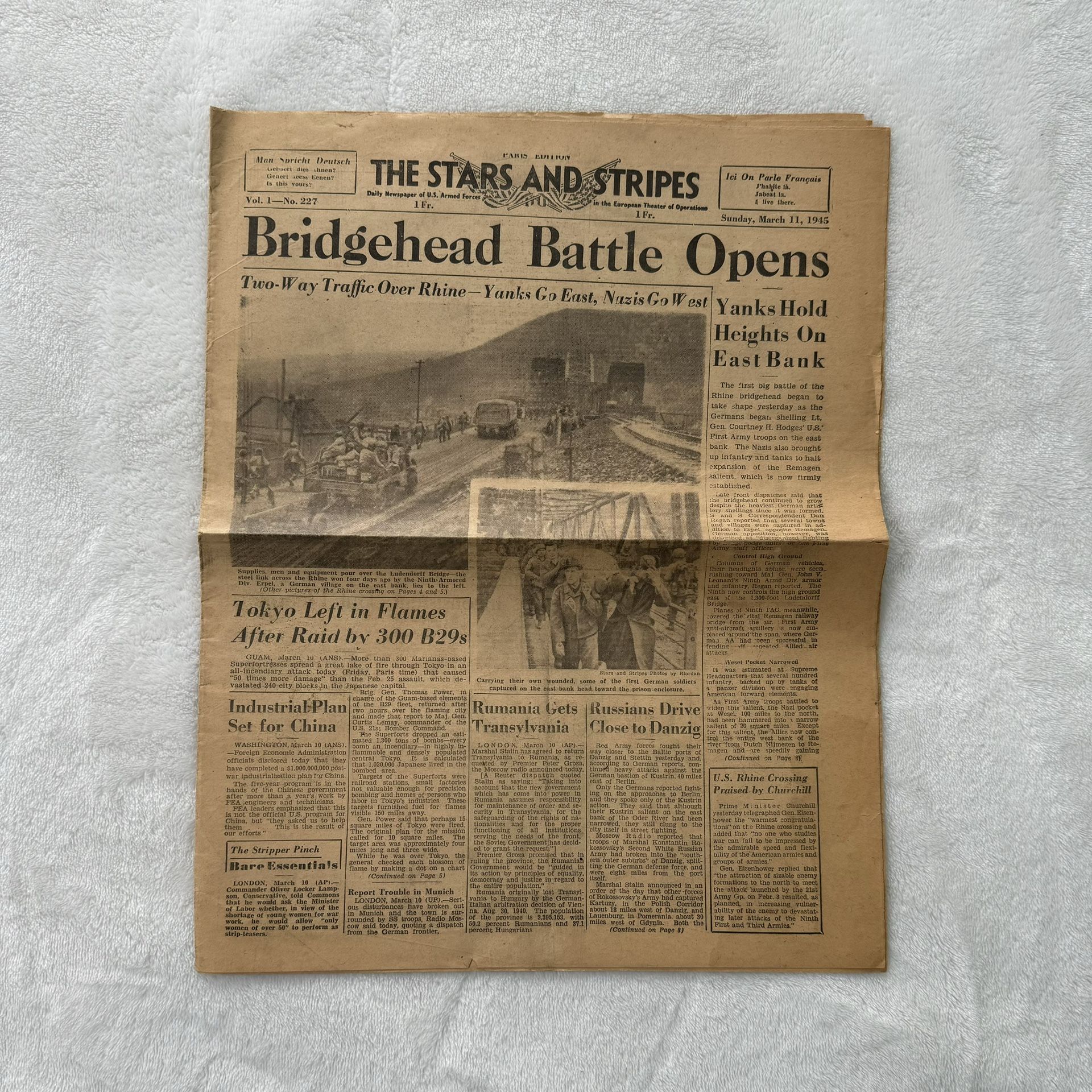 WWII “The Stars And Stripes Newspaper” , U.S. Armed Forces Daily, March 11, 1945, Vol. 1, No. 283