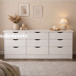 White 9 drawer dresser with rails