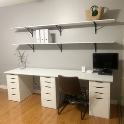 Long White Home Office Desk And 2 Shelves With Brackets 