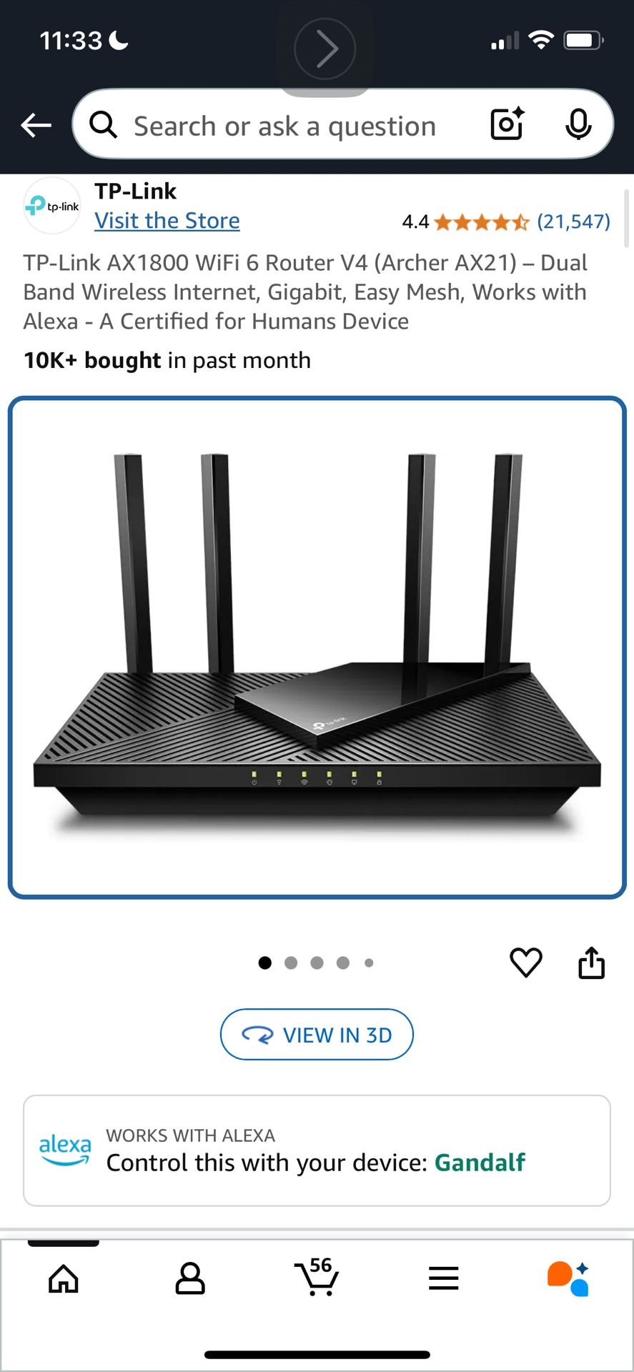 TP-Link AX1800 WiFi 6 Router V4 (Archer AX21) – Dual Band Wireless Internet, Gigabit, Easy Mesh, Works with Alexa