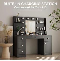 Drawers Mirror USB Power Outlet Vanity Desk Table Set