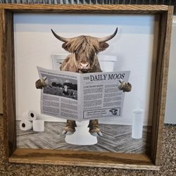 Highland Cow On Toilet Wood Frame