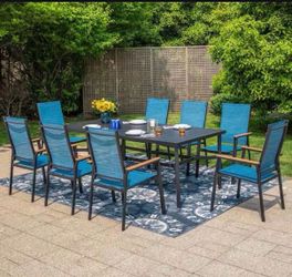 NEW PHI VILLA Black 9-Piece Metal Outdoor Patio Dining Set with Slat Rectangle Table and Stackable Aluminum Chairs