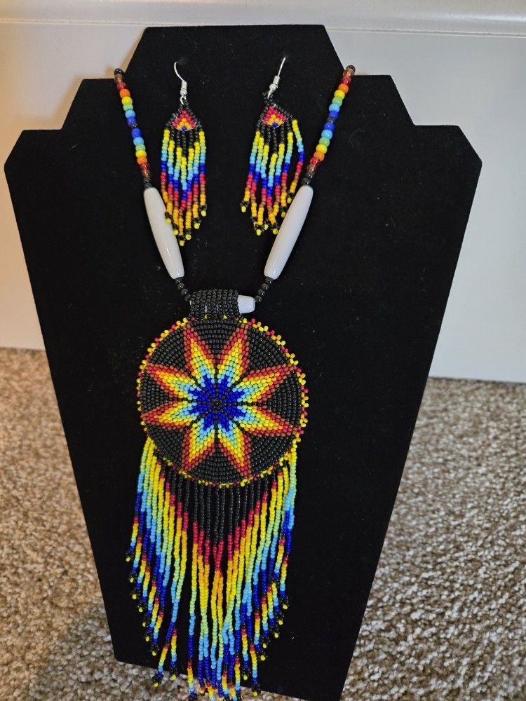 Black Fire Seed Beaded Star Medallion Necklace And Earrings Set