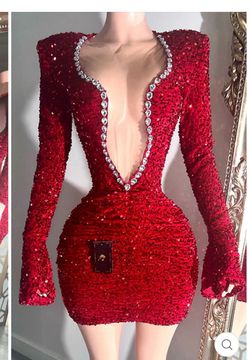Red Sequin Mini Dress with Crystal Neckline