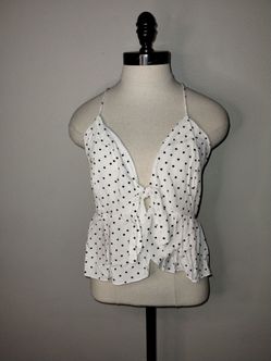 Juniors White Cropped Front Tie Tank Black Polka Dots Size Large EUC