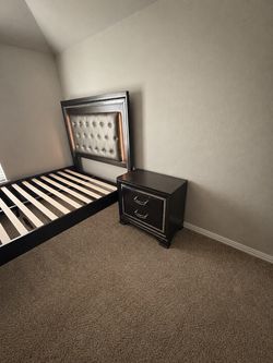 Dark Gray Wood Bed Frame and Nightstand Set