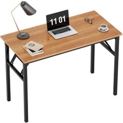 Small Computer Desk 31.5 inches Folding Table No Assembly Sturdy Small Writing Desk Folding Desk for Small Spaces, Teak Color Desktop and Black Steel 