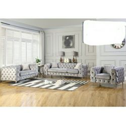 Beautiful 3 Piece Set Sofa Loveseat Chair Grey Velvet Pillows Included Chrome Legs Deep All Around Button Tufted Firm Price $1,880