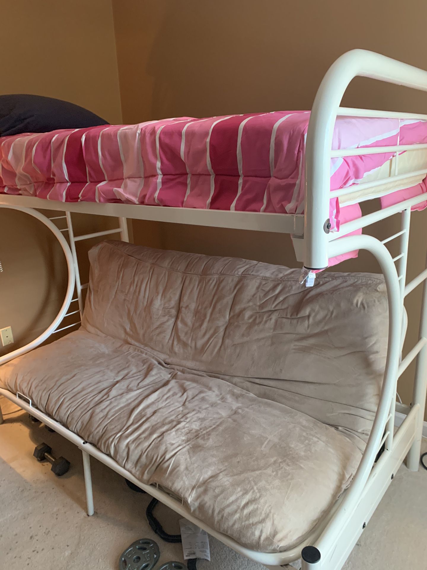Twin mattress over full futon bunk bed—great for kids!