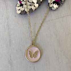 (NEW) Pink Round Coin Butterfly  Gold Necklace