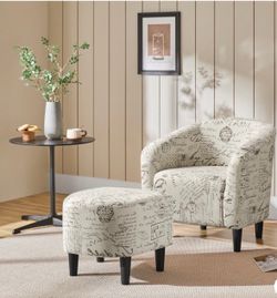 Fabric Accent Arm Chair Barrel Chair with Ottoman for Living Room, Letter Print